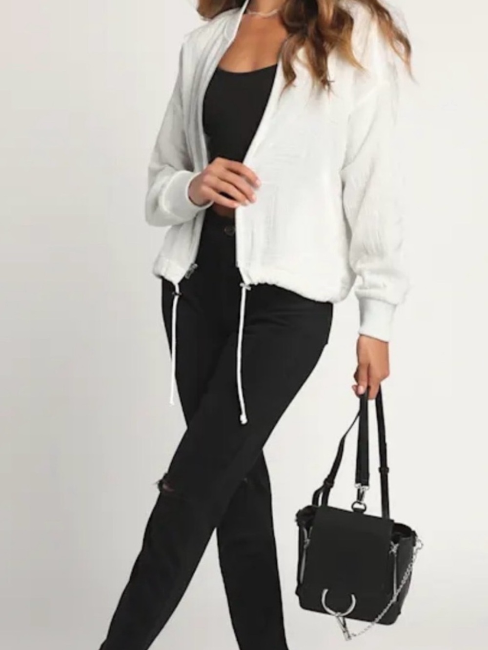 Steve Madden BB Dakota Down For The Gauze Ivory Bomber Jacket Size Medium